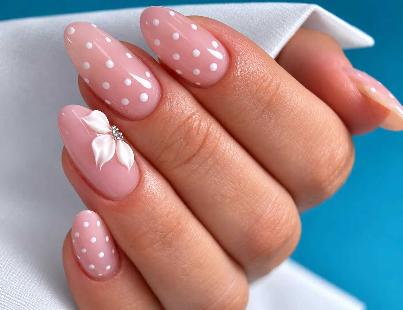 Rose poudré à pois blancs, fleur blanche en relief et strass